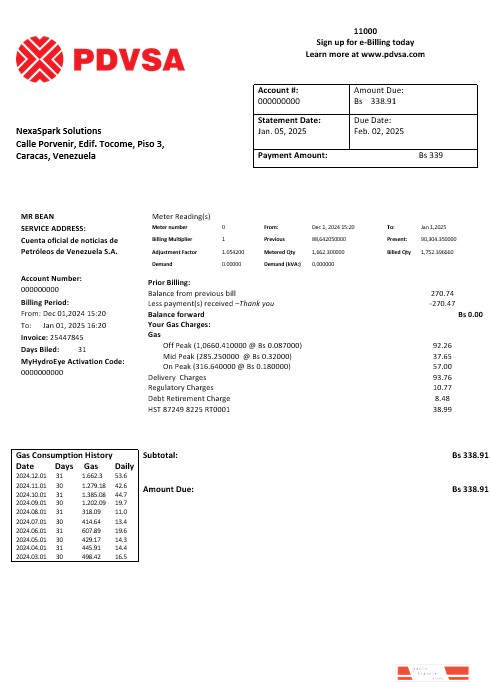 Venezuela PDVSA Gas business utility bill template in Word and PDF formats
